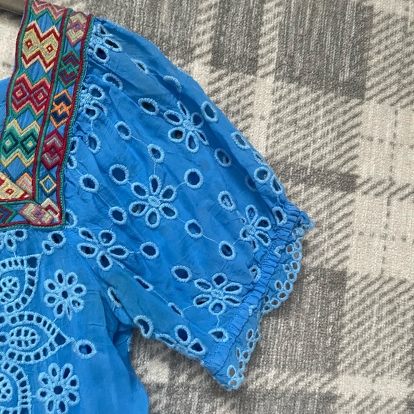 Johnny Was embroidered peasant top in Azure Blue - Picture 7 of 12